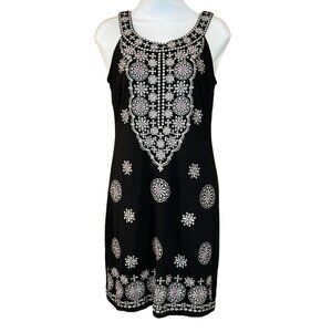 INC Black Silver Metallic Embroidered Medallions Shift Dress Beading Accents Sm